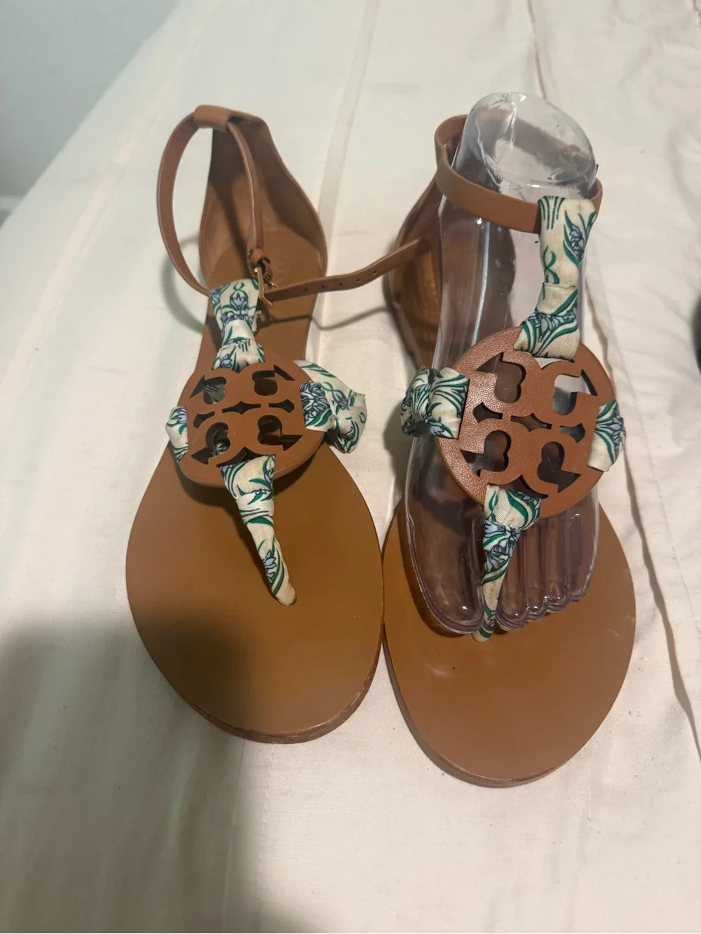 Tory Burch Tan Leather Thong Sandals with Floral-Print Accent